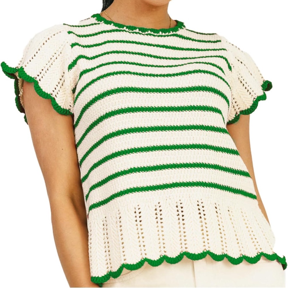 3/$20! Cream and Green Striped Crochet Top